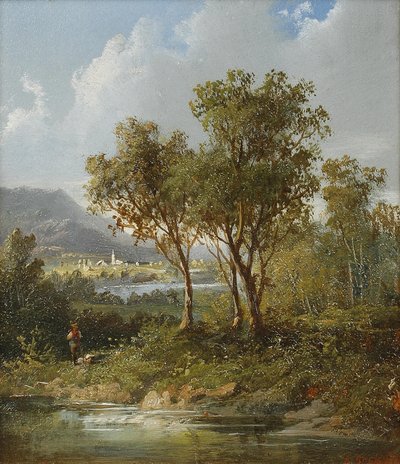 Figure Beside a Lake with Distant Mountains by Eduard Boehm